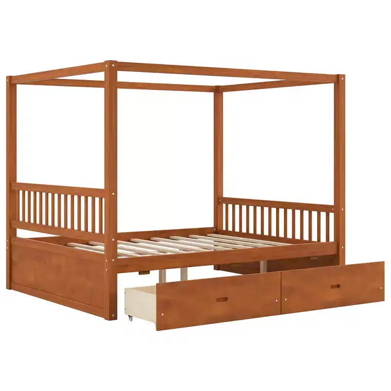 Cadre de lit à baldaquin en bois Whisen de taille Queen avec 2 tiroirs de rangement intégrés, construction robuste et durable