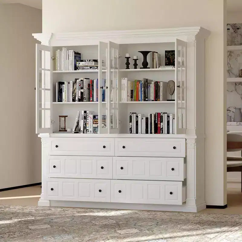 Grand buffet vaisselier blanc avec portes vitrées, bahut de rangement pour cuisine, salon, étagères à livres