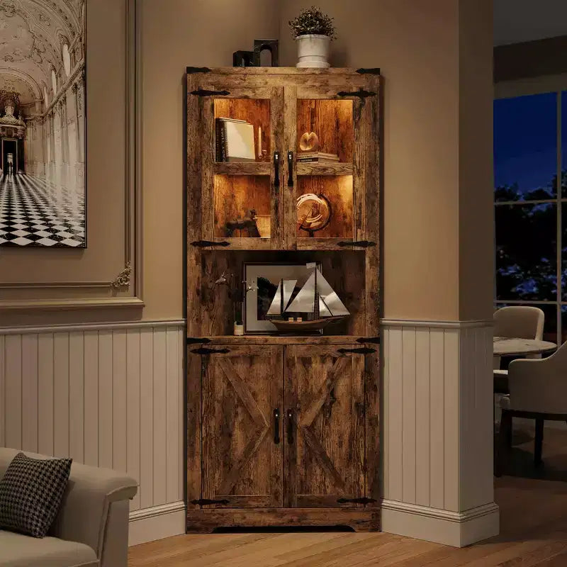 Meuble de rangement d'angle haut de 170 cm avec éclairage, vaisselier d'angle de style rustique avec portes vitrées, organisateur de rangement en bois pour cuisine, salle de bain