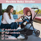 Baby Stroller, Foldable Stroller - High Landscape Pushchair for Newborn & Toddler, Convertible Pram with Reversible Backrest