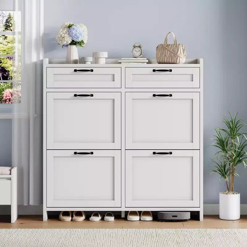 Shoe Cabinet with 4 Flip Drawers & 2 Top Drawers, Wooden Shoe Organizer Cabinet with Adjustable Shelf, Freestanding Shoe Storage Cabinets