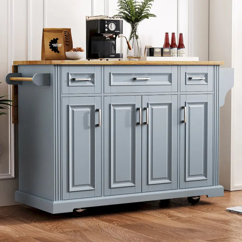 54  Large Kitchen Island with Rubber Wood Drop Leaf, Embossed Texture Rolling Kitchen Cart on 4 Wheels with 4 Doors & 3 Drawers