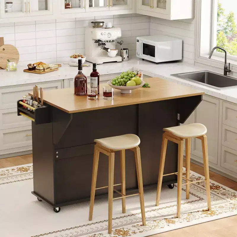 55 Mobile Island Table with Power Outlet & Drop Leaf, Kitchen Rolling Island Kitchen Island Cart with Trash Storage Cabinet for Kitchen