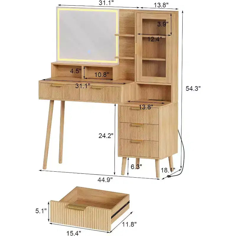 Modern Makeup Vanity Desk with 24-inch Mirror and 5 Drawers, Fluted Dressing Table with Storage Shelf for Women & Girls