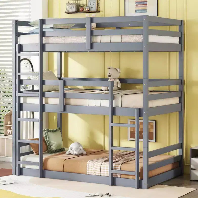 Rubberwood Detachable Triple Twin Bunk Bed with 2 Built-in Ladders and Guardrails