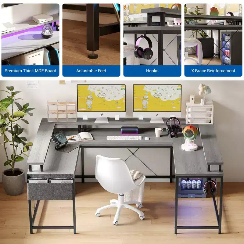 COZONY 78 U/L Shaped Gaming Desk, Reversible Computer Desk with Power Outlets, LED Lights, Monitor Stand & Storage Shelf, Corner Desk for Home Office