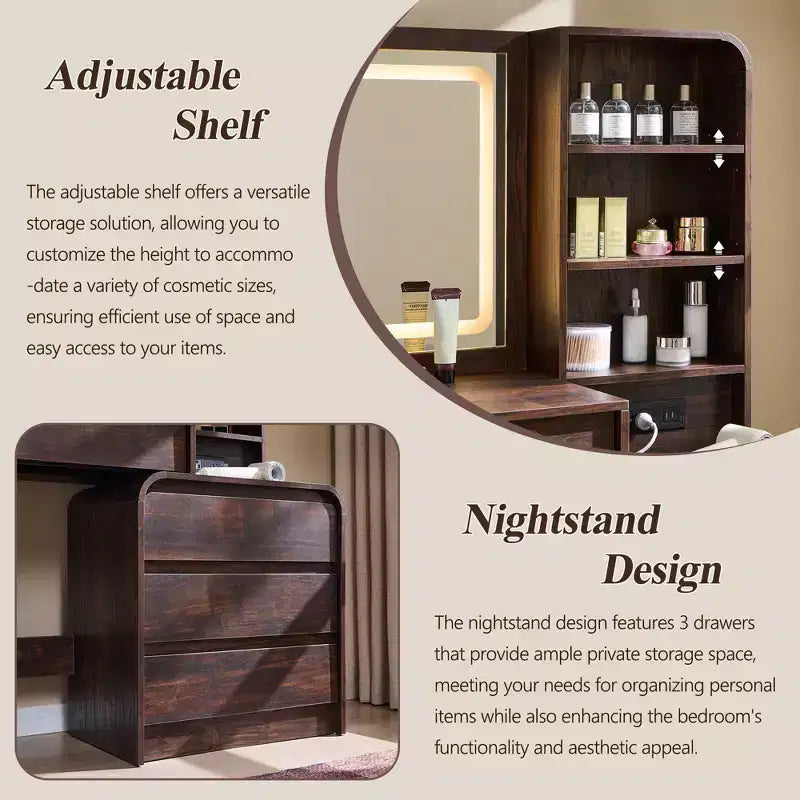 Vanity Desk with 35.4 LED Mirror and Lights, Modern Makeup Vanity Table with Charging Station & Adjustable Shelves