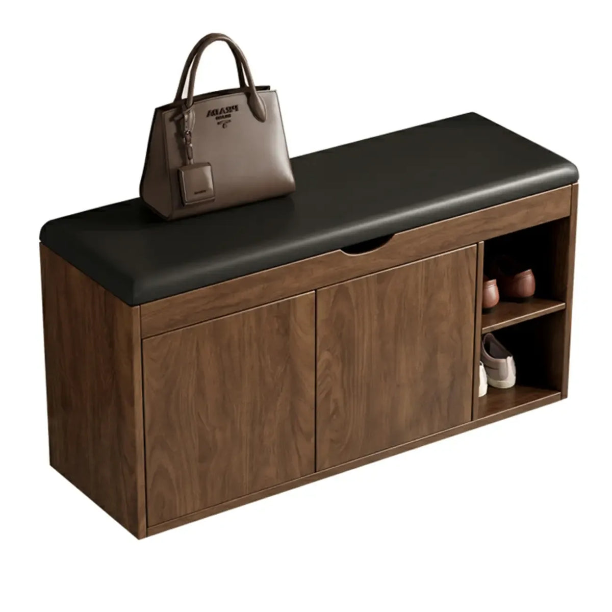 Banc de rangement à chaussures en bois massif avec coussin et étagère ouverte