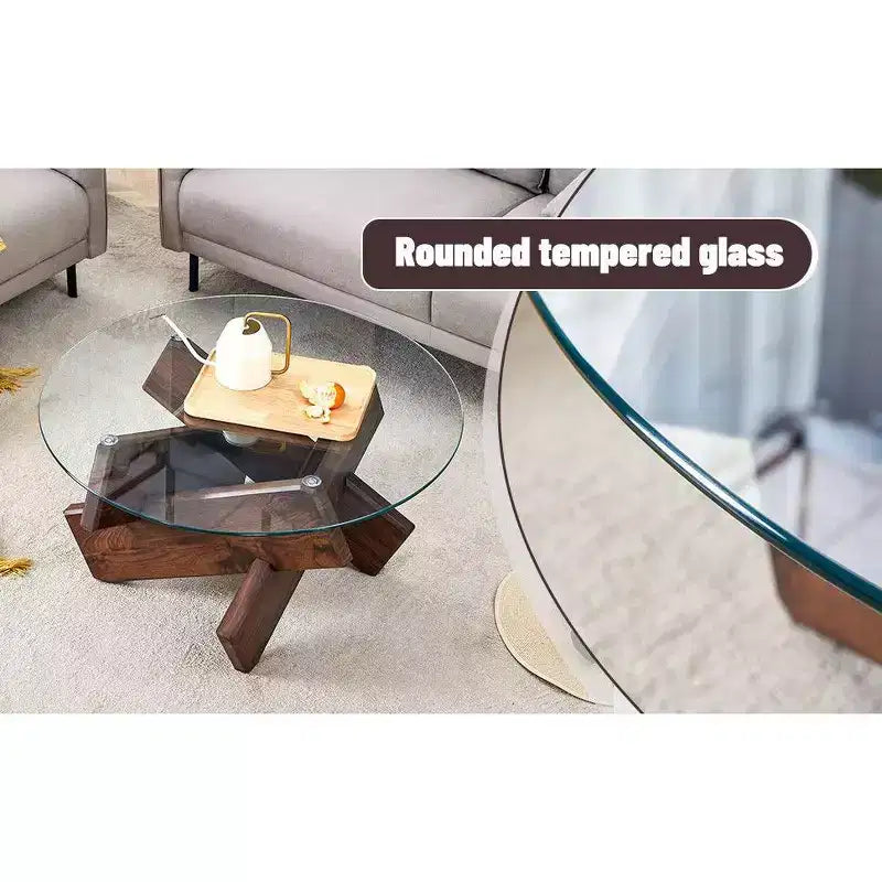 Okak Modern Circular Glass Coffee Table, Small Distinctive Design Tea Table Wood Legs for Living Room Reception Office Farmhouses