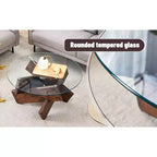 Okak Modern Circular Glass Coffee Table, Small Distinctive Design Tea Table Wood Legs for Living Room Reception Office Farmhouses