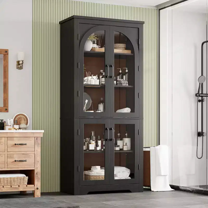 70 Tall Kitchen Pantry Cabinet, Modern Display Cabinet with 4 Arched Glass Doors and Adjustable Shelves, for Kitchen, Living Room, Dining, Bathroom