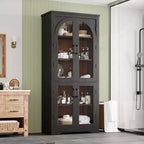 70 Tall Kitchen Pantry Cabinet, Modern Display Cabinet with 4 Arched Glass Doors and Adjustable Shelves, for Kitchen, Living Room, Dining, Bathroom