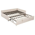Upholstered Daybed with Twin Size Pop Up Trundle, Full Size Daybed Frame Sofa Bed with L-Shaped Backrest and Striped Design