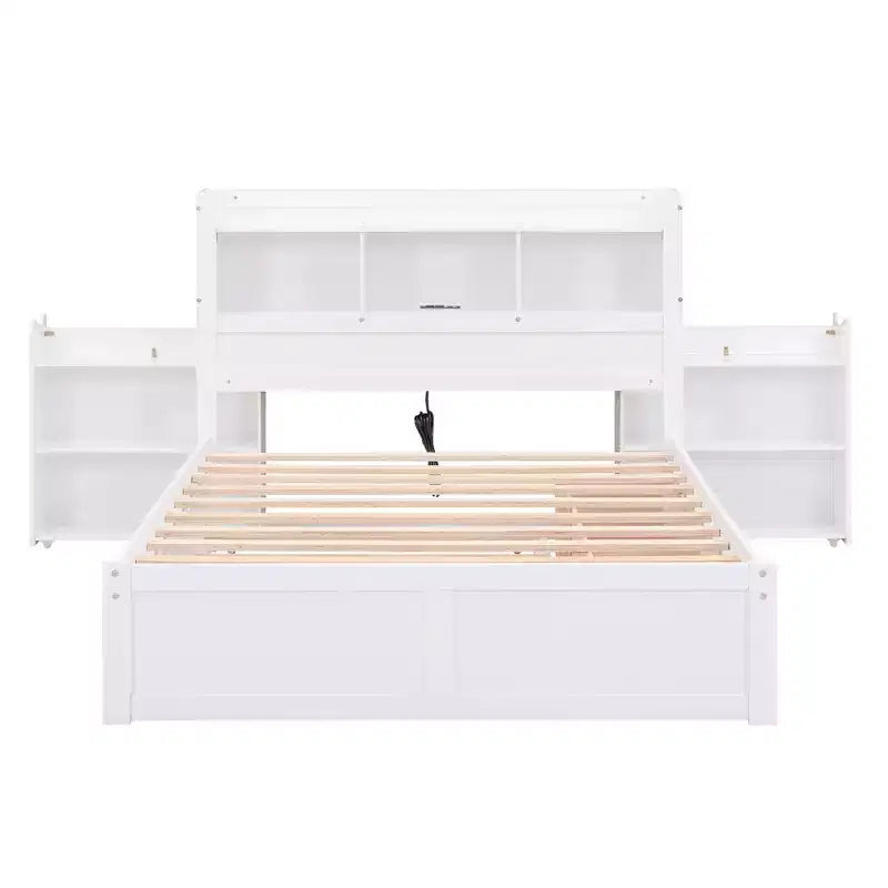 Full Storage Platform Bed with Trundle, Bookcase Headboard and Charging Station, Wooden Full Size Bed Frame with Shelves and Drawers