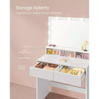 VASAGLE Vanity Desk with Mirror and Lights, Makeup Vanity with Upholstered Vanity Stool, 9 Dimmable LED Lights, 3 Compartments, 2 Drawers