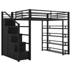 Queen Size Metal Loft Bed with Storage Shelves, Cabinets and Wardrobe