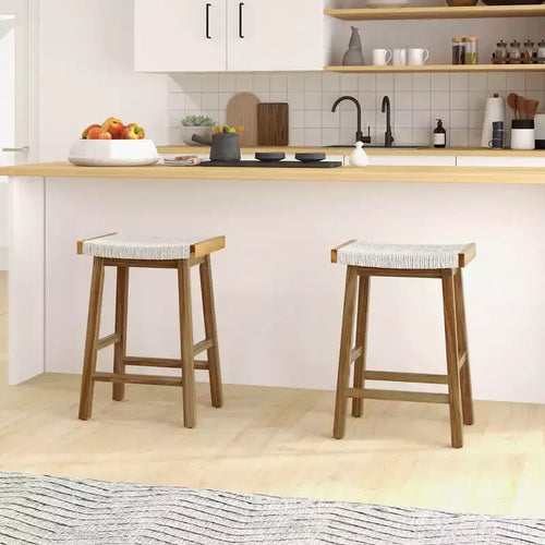 Sgabello da Bar con Seduta Intrecciata in Alghe e Struttura in Legno Massello, Altezza Contatore, Set da 2, 64.7 cm