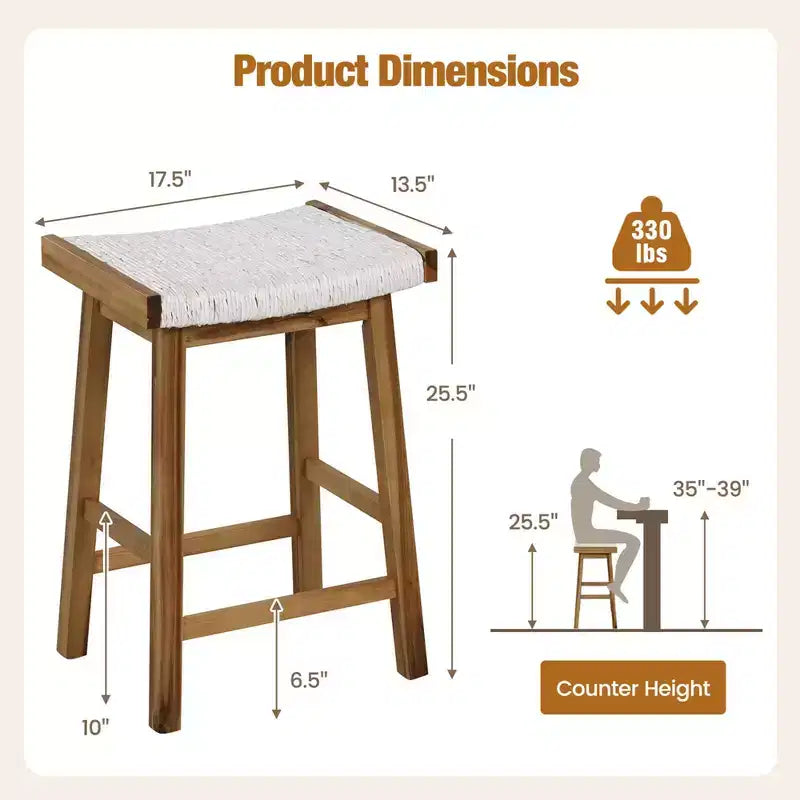 Sgabello da Bar con Seduta Intrecciata in Alghe e Struttura in Legno Massello, Altezza Contatore, Set da 2, 64.7 cm