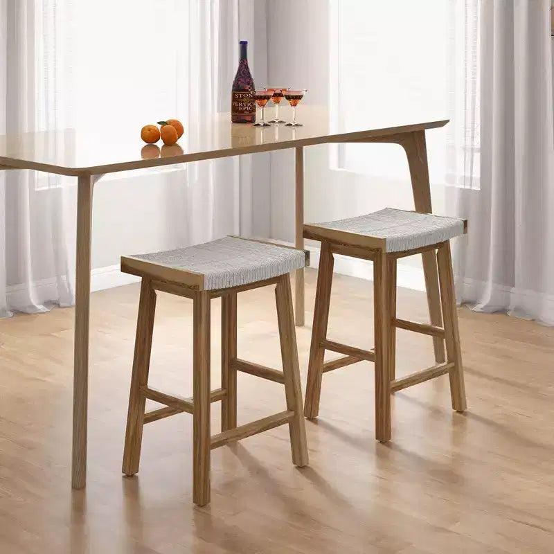 Sgabello da Bar con Seduta Intrecciata in Alghe e Struttura in Legno Massello, Altezza Contatore, Set da 2, 64.7 cm