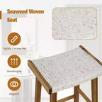 Sgabello da Bar con Seduta Intrecciata in Alghe e Struttura in Legno Massello, Altezza Contatore, Set da 2, 64.7 cm