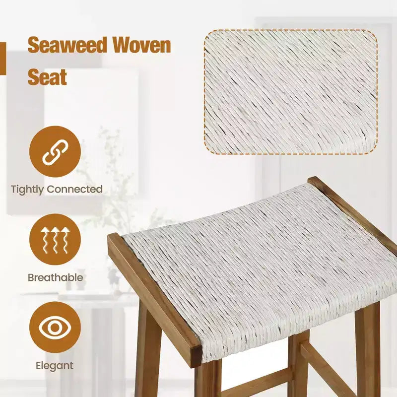 Sgabello da Bar con Seduta Intrecciata in Alghe e Struttura in Legno Massello, Altezza Contatore, Set da 2, 64.7 cm