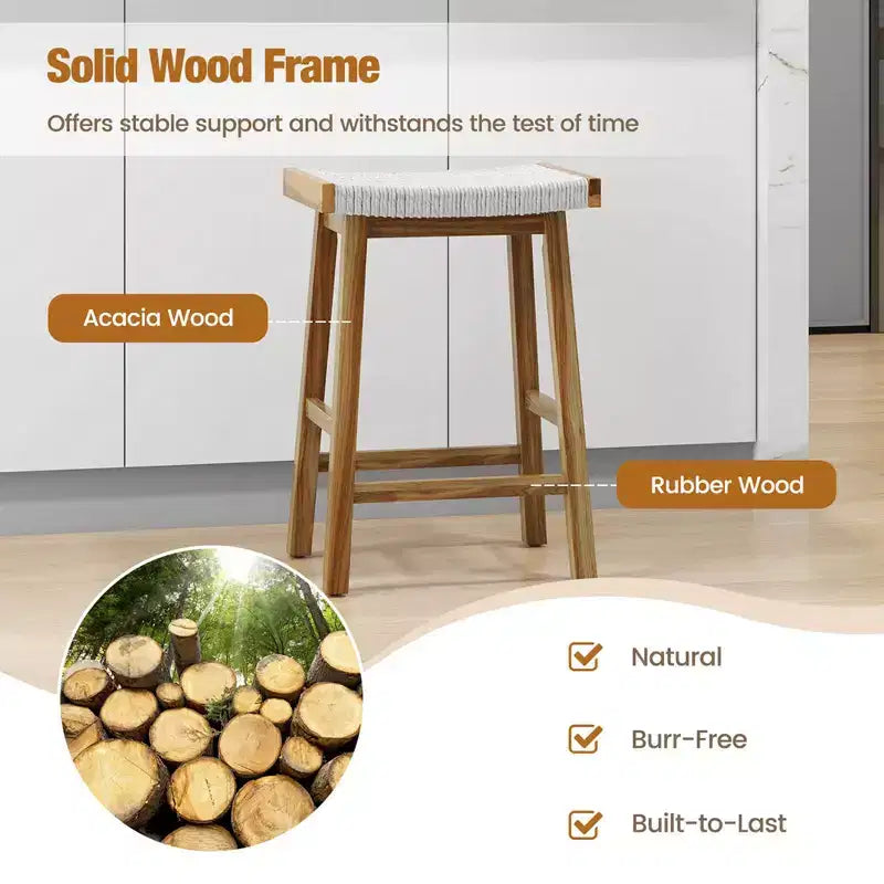 Sgabello da Bar con Seduta Intrecciata in Alghe e Struttura in Legno Massello, Altezza Contatore, Set da 2, 64.7 cm