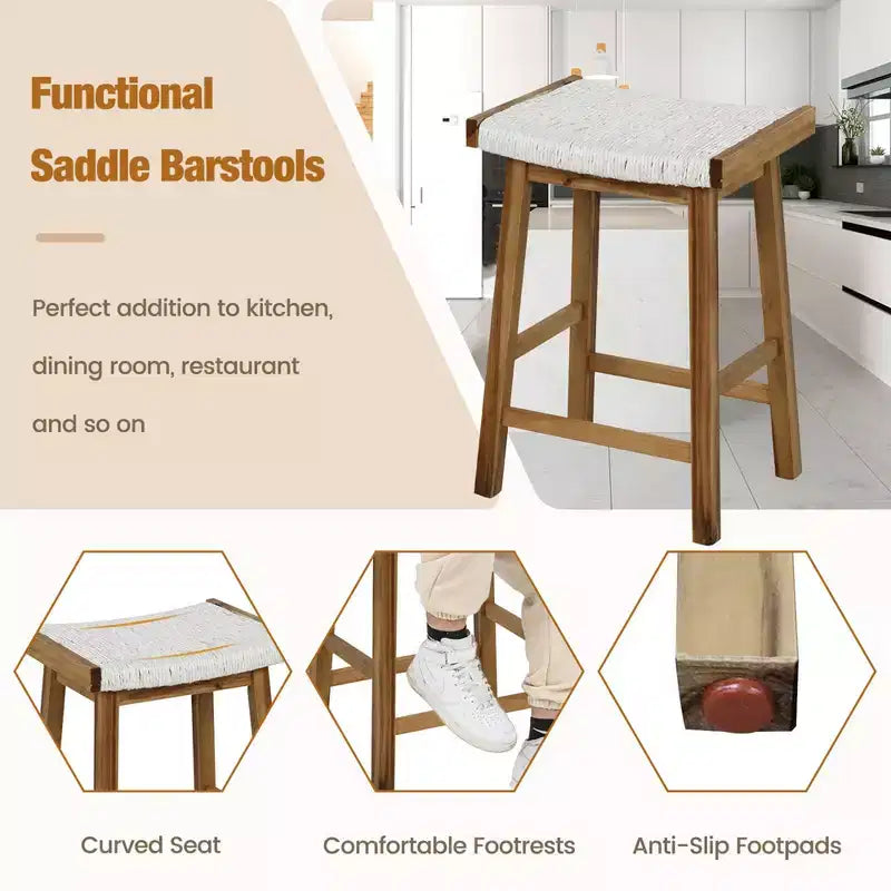 Sgabello da Bar con Seduta Intrecciata in Alghe e Struttura in Legno Massello, Altezza Contatore, Set da 2, 64.7 cm