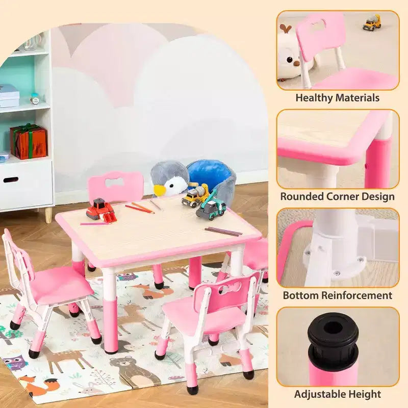 Children's table and 4 chairs, height-adjustable, doodle tabletop, multifunctional children's table and chair set for reading, drawing, dining