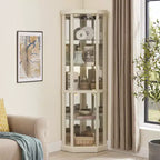 Corner Curio Cabinet with Glass Doors and Shelves, Corner Display Case for Living Room