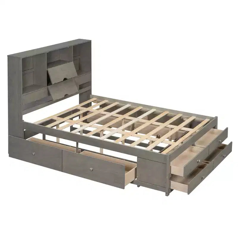 Queen Size Platform Bed with Storage Shelf and 8 Drawers, Easy Assembly