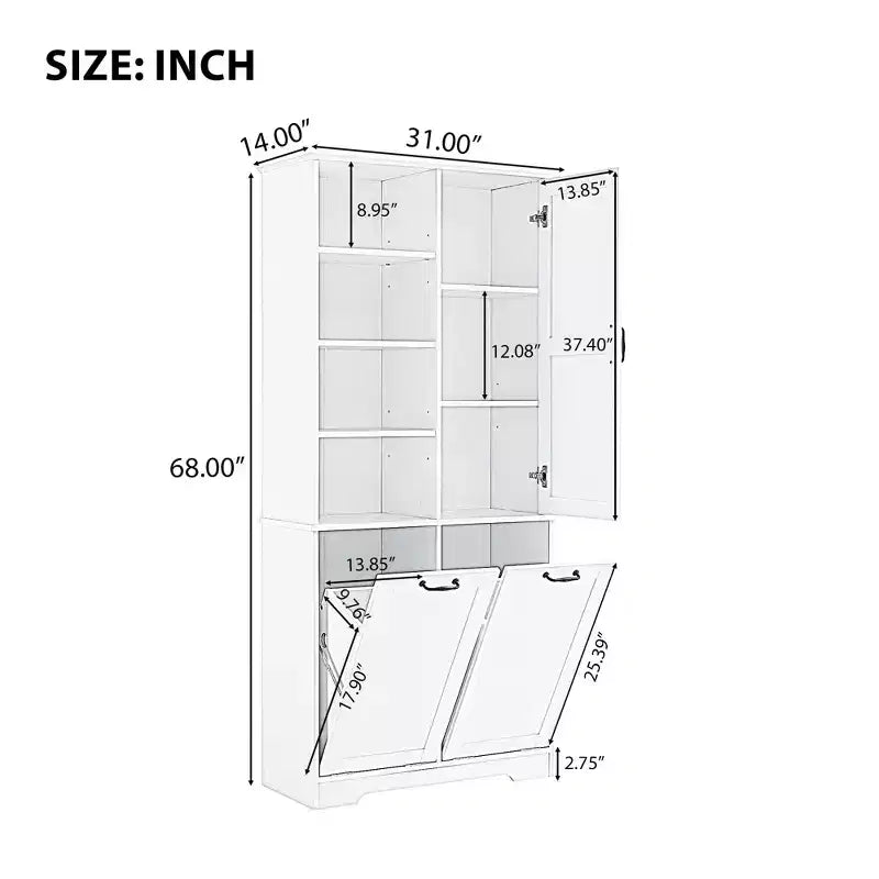 Bathroom Storage Cabinet with Doors and Drawers Tilt-Out Laundry Hamper Multiple Storage Space Freestanding Style