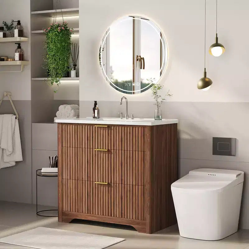 Modern Fluted Bathroom Vanity Set with Integrated Ceramic Basin Freestanding Bathroom Storage Vanity Cabinet with 3 Drawers for Contemporary Bathroom