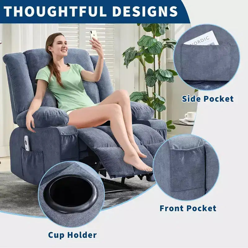 Recliner Chair with Massage & Heat, Glider with Side Pockets & Cup Holder