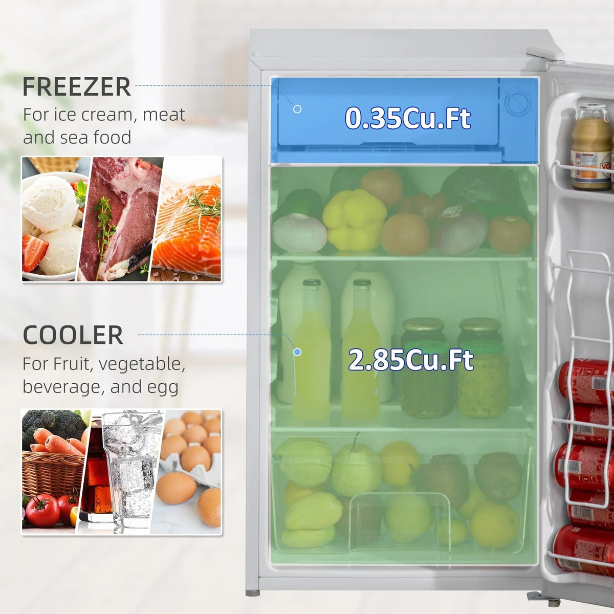 3.2 Cu.Ft Mini Fridge with Freezer, Single Door Compact Refrigerator with Adjustable Thermostat for Bedroom