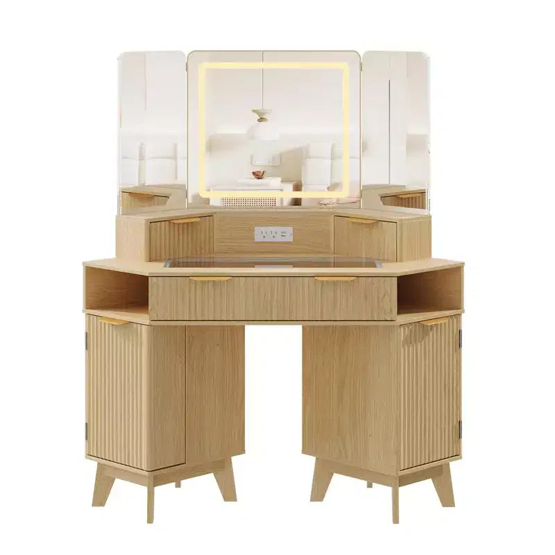 47 Corner Makeup Vanity Desk with Mirror and Light, Wooden Dressing Table with Glass Top & Charging Station, Makeup Vanity Table for Bedroom