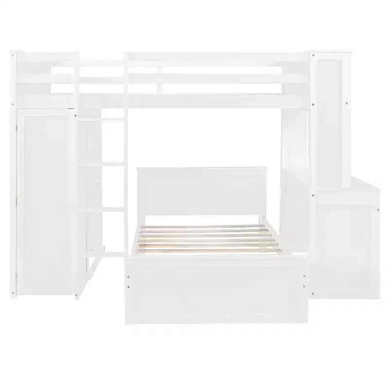 Luxystar Full over Twin L Shaped Bunk Bed with Desk, Bookcase and Wardrobe