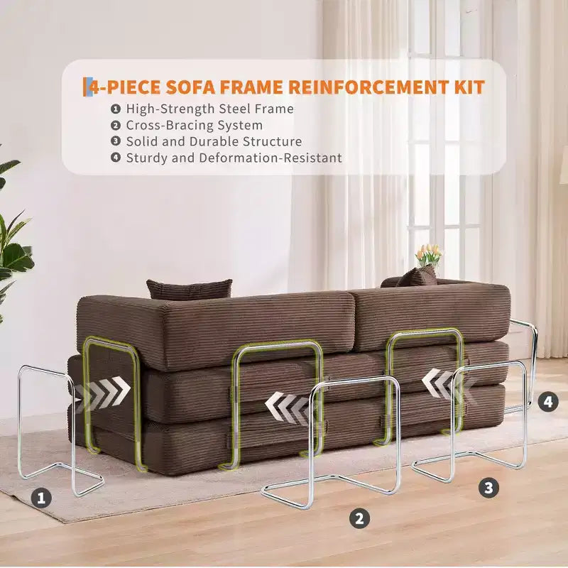 Modern 79 Corduroy Futon Sofa Bed for Small Spaces, 5-in-1 Convertible Sleeper Couch with Removable Armrests & Pillows