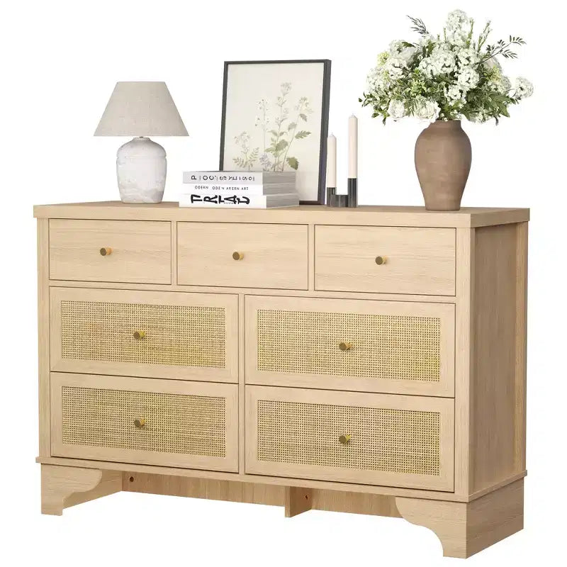 Commode à 7 tiroirs pour chambre à coucher, commode large en rotin naturel de 120 cm, organisateur de rangement de vêtements bohème en bois, pour salon