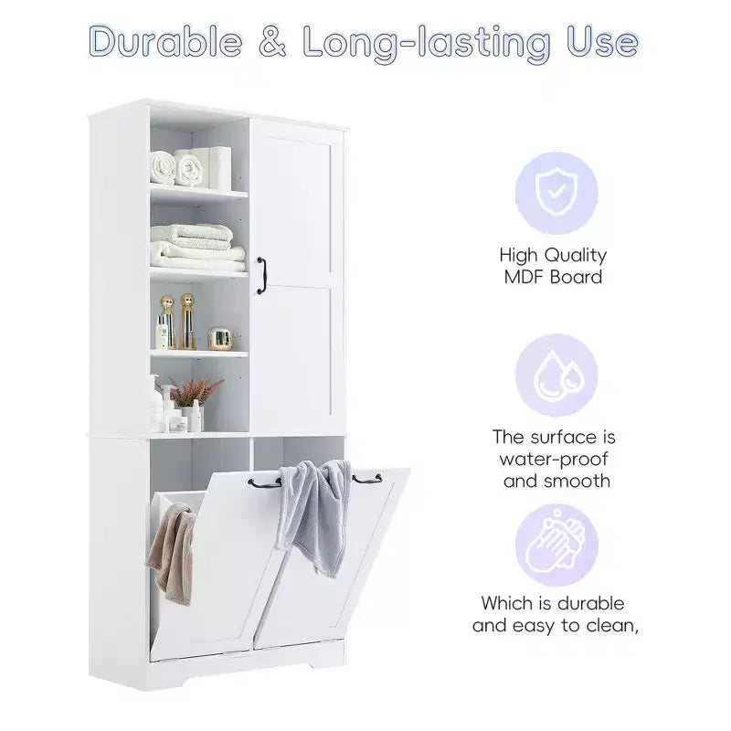 Bathroom Storage Cabinet with Doors and Drawers Tilt-Out Laundry Hamper Multiple Storage Space Freestanding Style