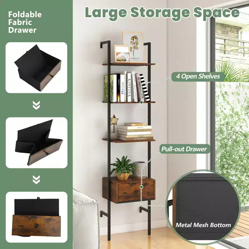 Costway 2 PCS 5-Tier Bookshelf w/ Drawer 70 Wall Mount Ladder Bookcase w/ Metal Frame