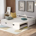 Okak Twin Size Extending Design Daybed with Trundle/Drawers & Safety Rails,Solid Wood Platform Bed Frame for Teens,Adults