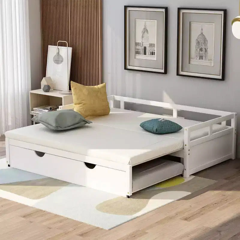 Okak Twin Size Extending Design Daybed with Trundle/Drawers & Safety Rails,Solid Wood Platform Bed Frame for Teens,Adults