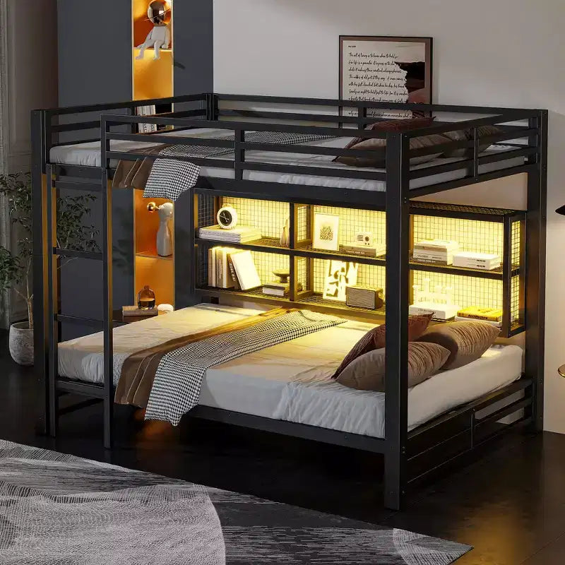 Metal Queen over Queen Bunk Bed with Storage Cabinets and LED, Black