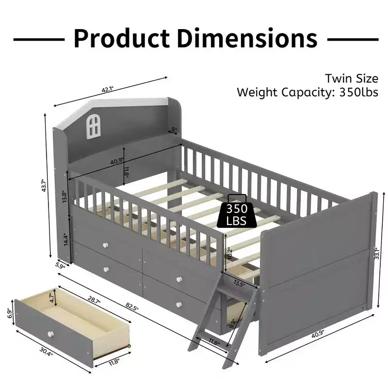 Whisen Twin Wooden Bed Frame, Platform Bed Frame with Storage 4 Drawers, Guardrail Headboard and Ladder