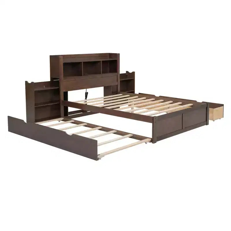Full Storage Platform Bed with Trundle, Bookcase Headboard and Charging Station, Wooden Full Size Bed Frame with Shelves and Drawers