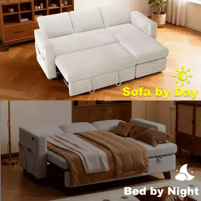 Dyonery 2 in 1 Pull Out Sleeper Sofa with Storage Chaise C Chenille Sectional Couch with USB Ports for Living Room