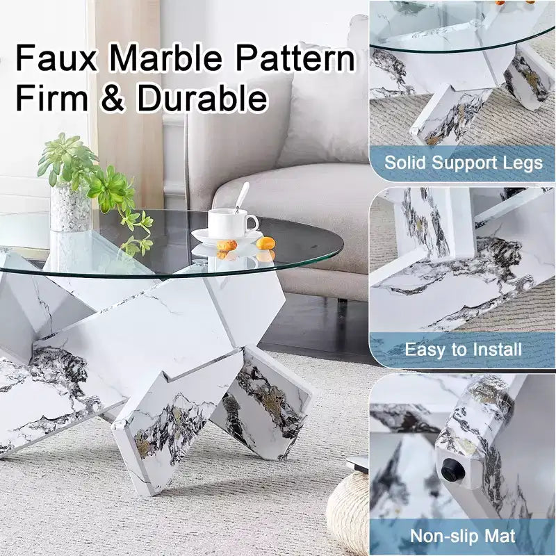 Okak Modern Circular Glass Coffee Table, Small Distinctive Design Tea Table Wood Legs for Living Room Reception Office Farmhouses