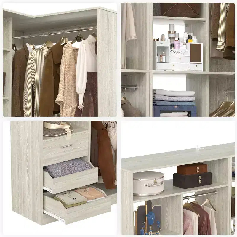 Besiost Set of 2 Corner Closet System with Tower Shelves, Freestanding Closet Organizer with Drawers