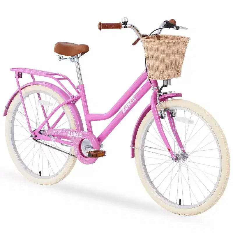 NAYSAYE Vélo de ville hybride pour filles de 24 pouces, pour les 7-10 ans et plus, avec panier en osier et porte-bagages arrière, vélos pour enfants