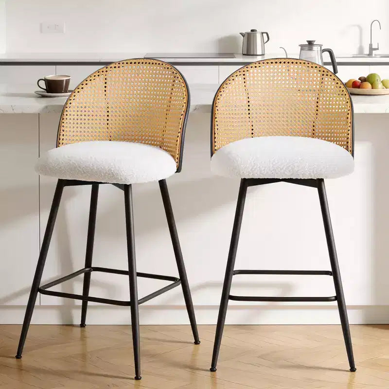 Bekrvio 26 Mid-Century Modern Swivel Bar Stools Set of 2/3/4, Boucle Upholstered Bar Chairs with Rattan Back & Metal Legs for Kitchen Counter